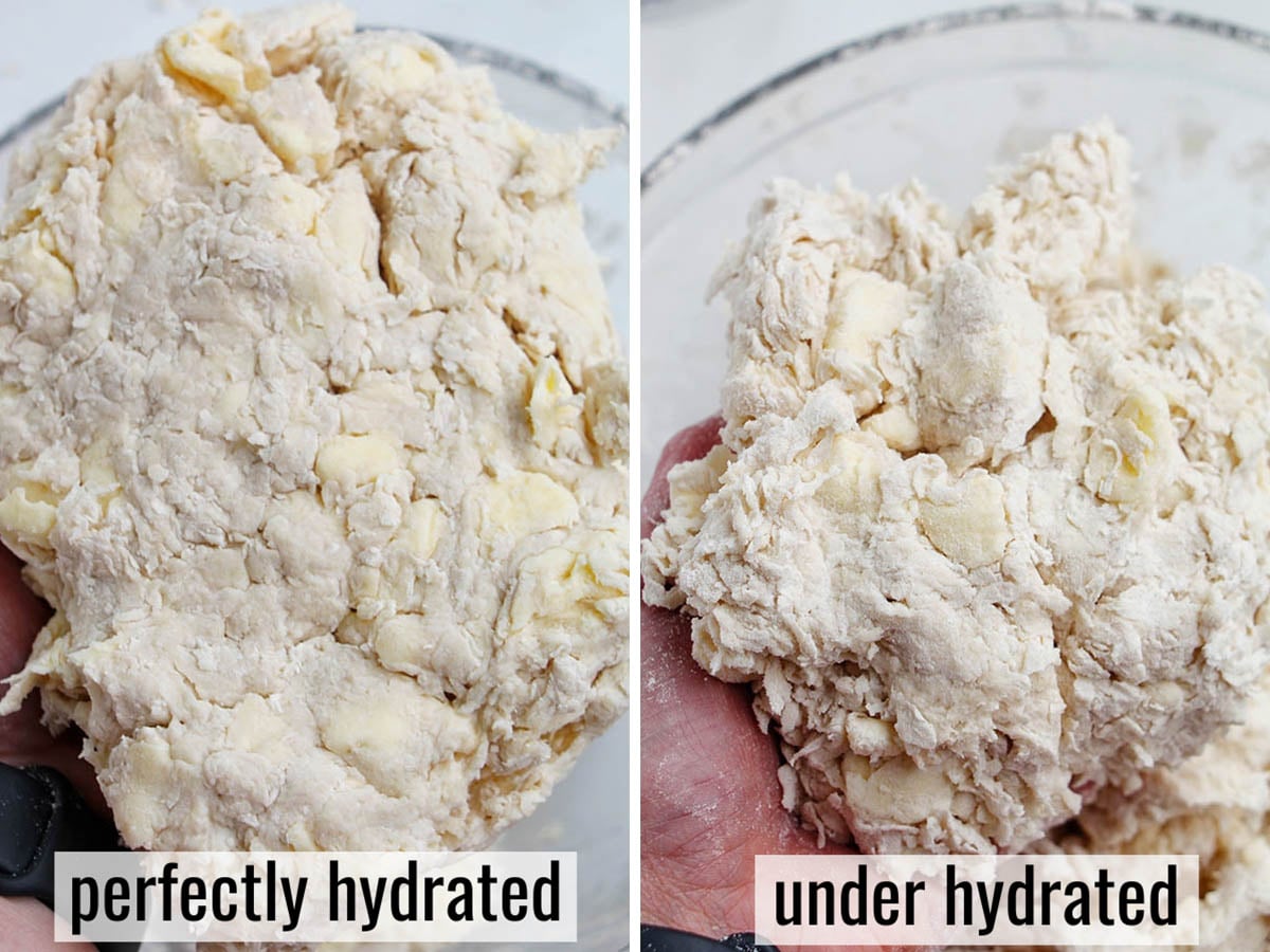 two photos showing properly hydrated vs under hydrated pie dough.