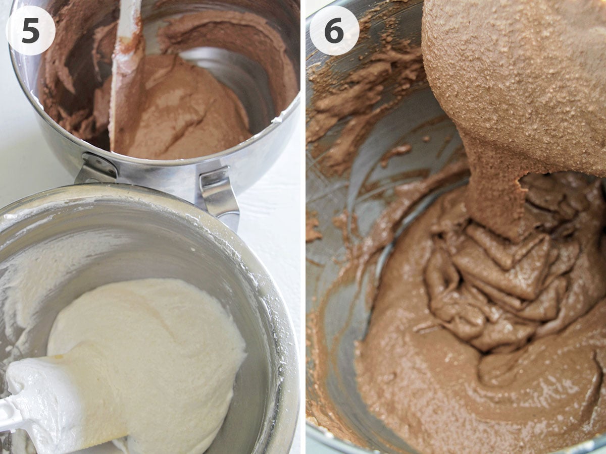 two numbered photos vanilla and chocolate macaron batter.