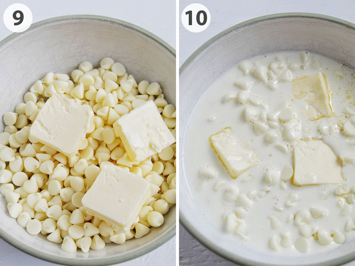 two numbered photos showing white chocolate ganache.